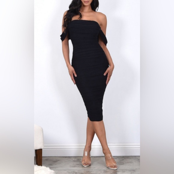 CAMEO OFF SHOULDER RUCHED MESH MIDI DRESS - Picture 1 of 4